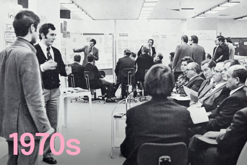 1970s: With management conferences for Siemens, Metaplan set the standards for interaction formats with large groups. Alternating between breakouts and plenary sessions, these conferences were the crystallization point of change processes and cultural transformation projects – often driven by the spirit of optimism prevalent at that time.